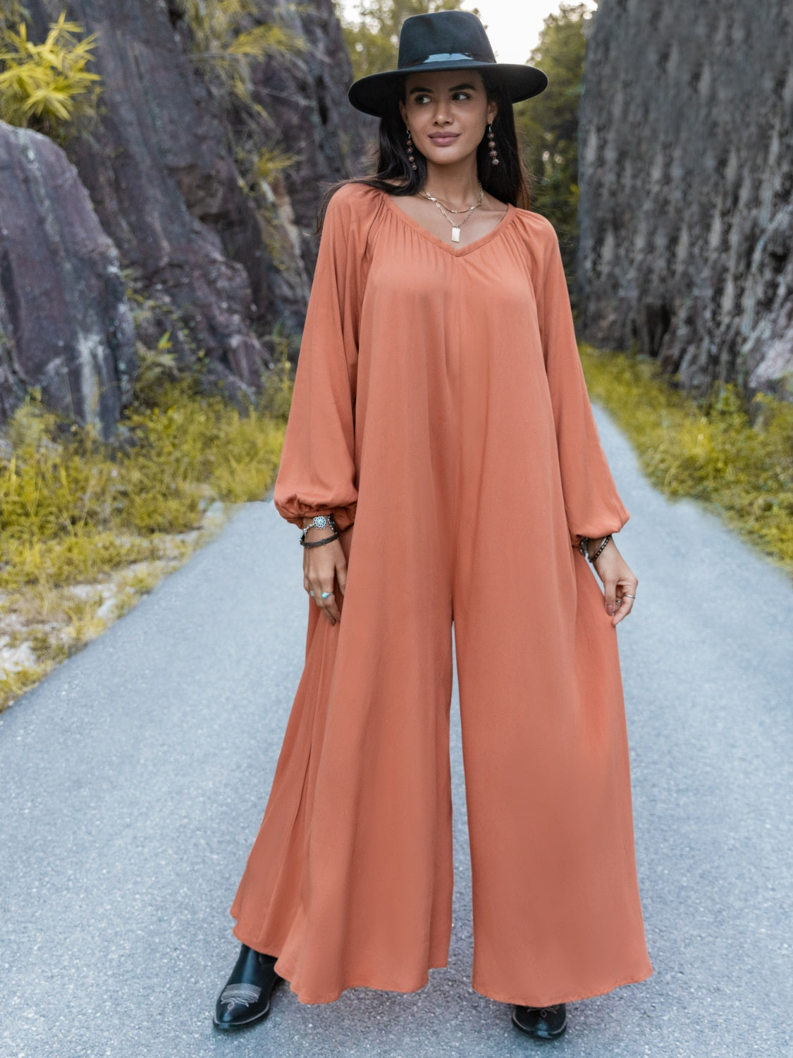 V-Neck Long Sleeve Wide Leg Jumpsuit 