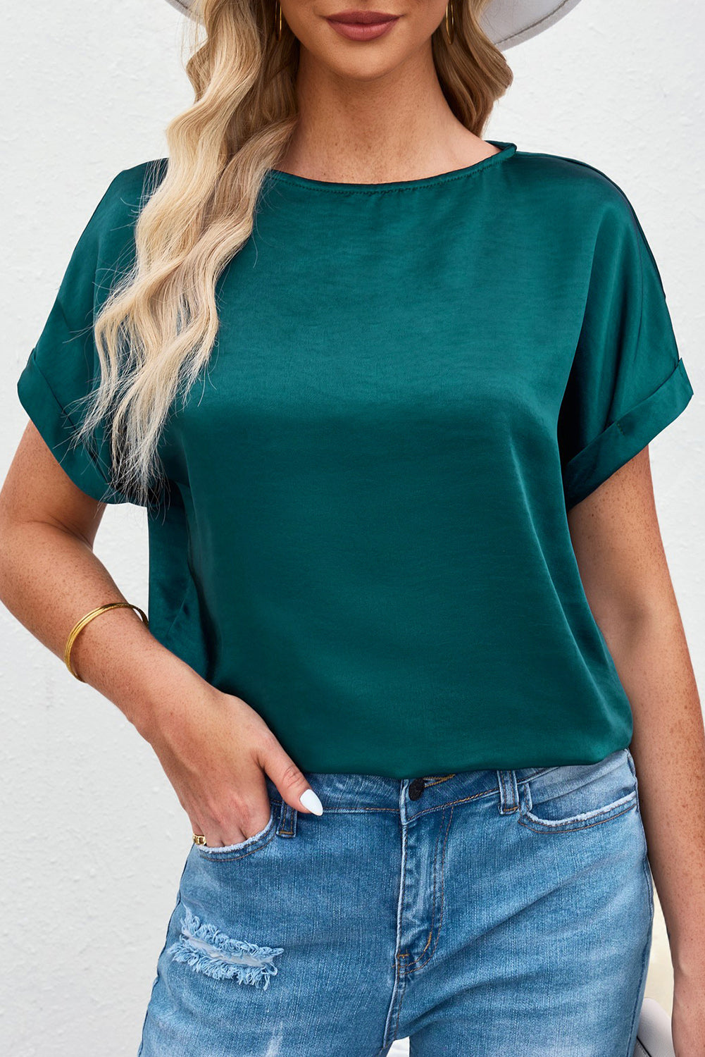 Round Neck Cuffed Sleeve Top 