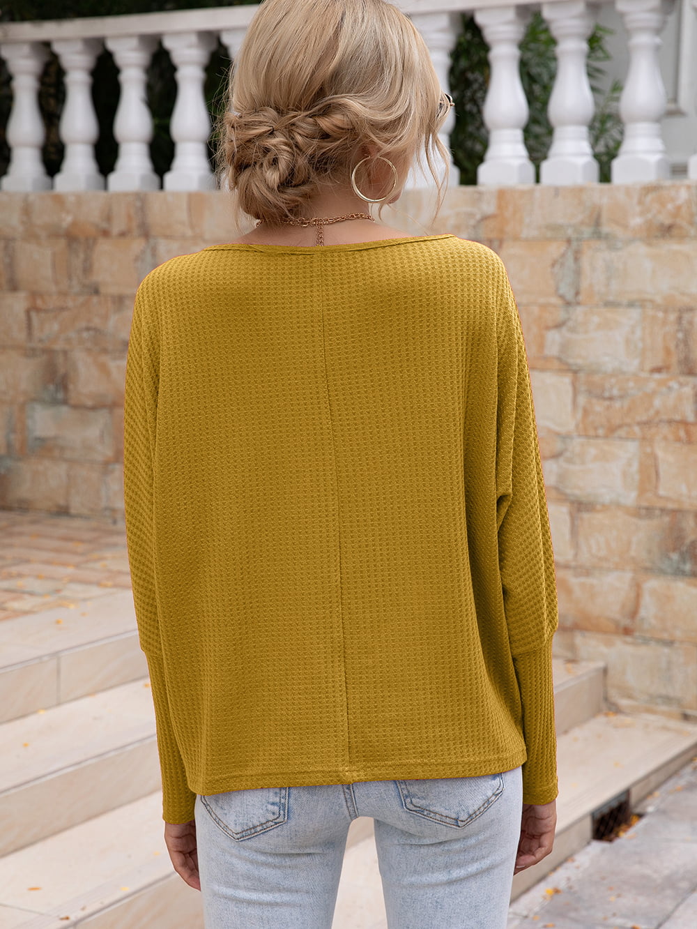 Waffle-Knit Boat Neck Long Sleeve Top 