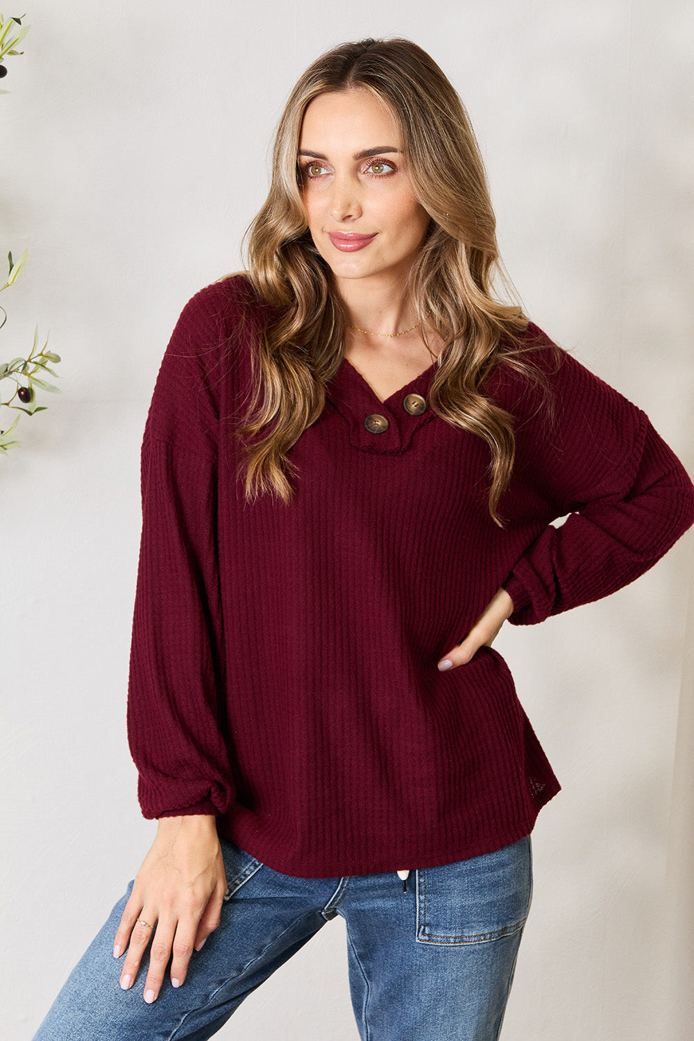 Zenana Buttoned V-Neck Long Sleeve Blouse 