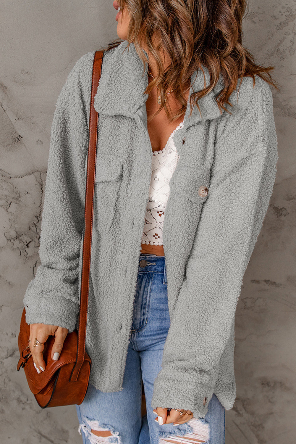 Fuzzy Button Up Pocketed Jacket - Babbazon Jacket