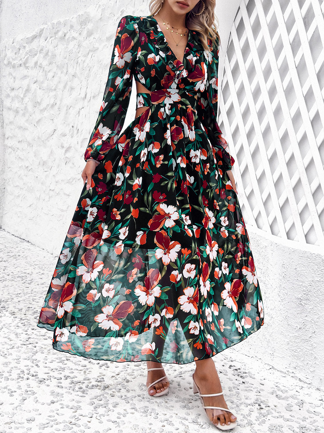 Cutout Printed V-Neck Balloon Sleeve Dress 