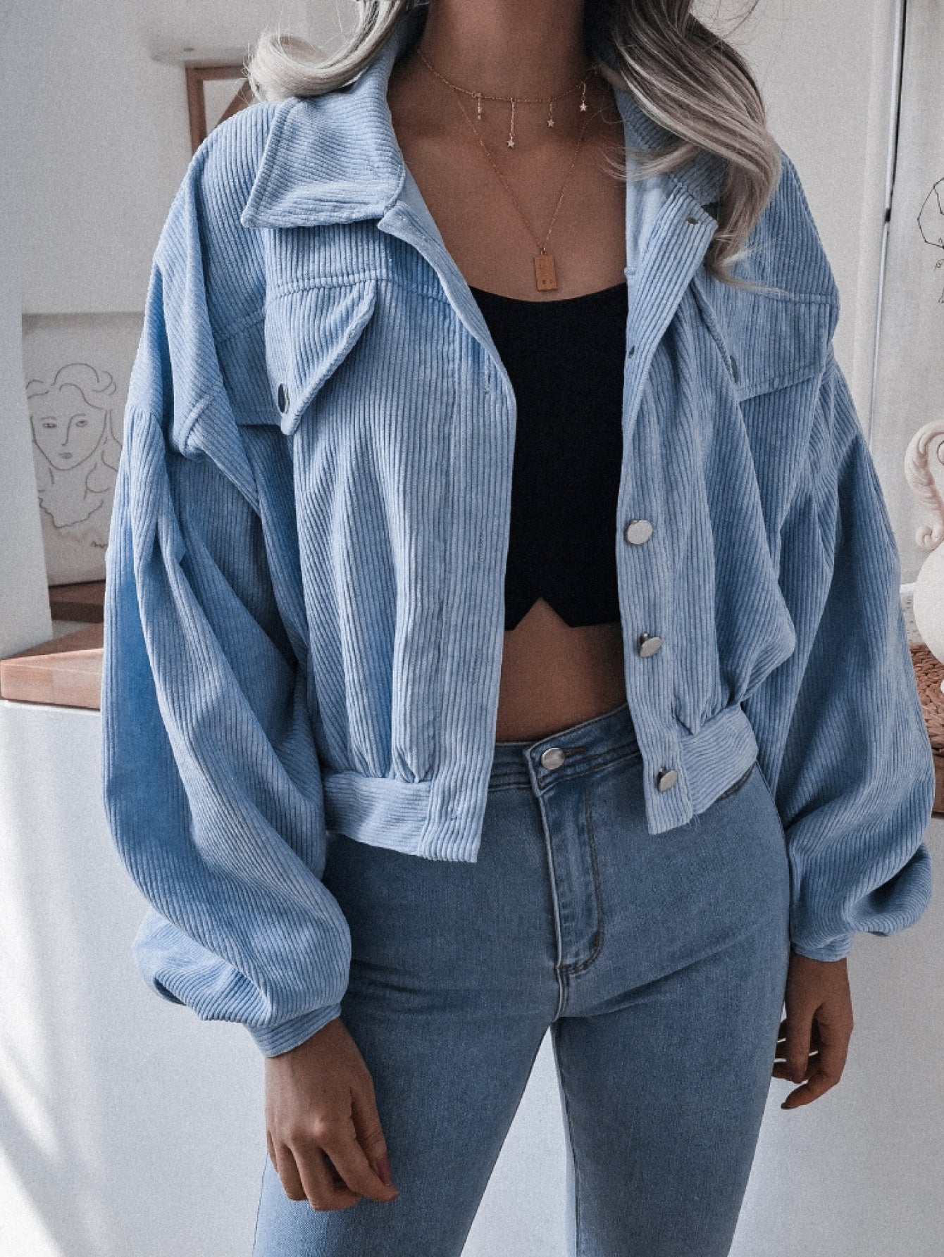 Lantern Sleeve Cropped Corduroy Jacket 