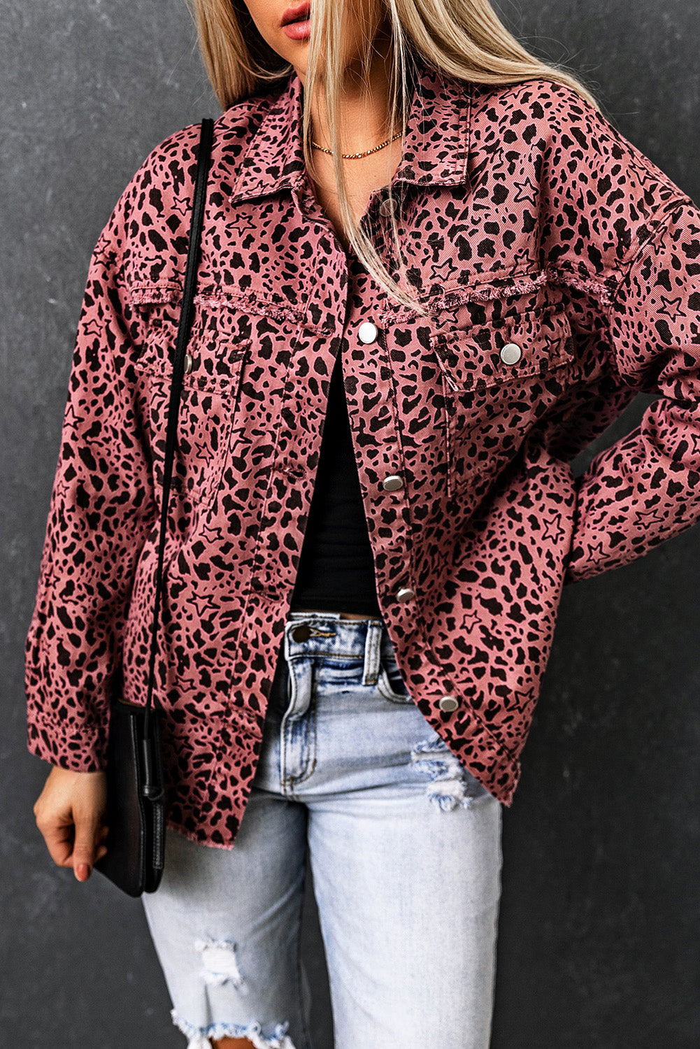 Leopard Raw Hem Button Up Denim Jacket 