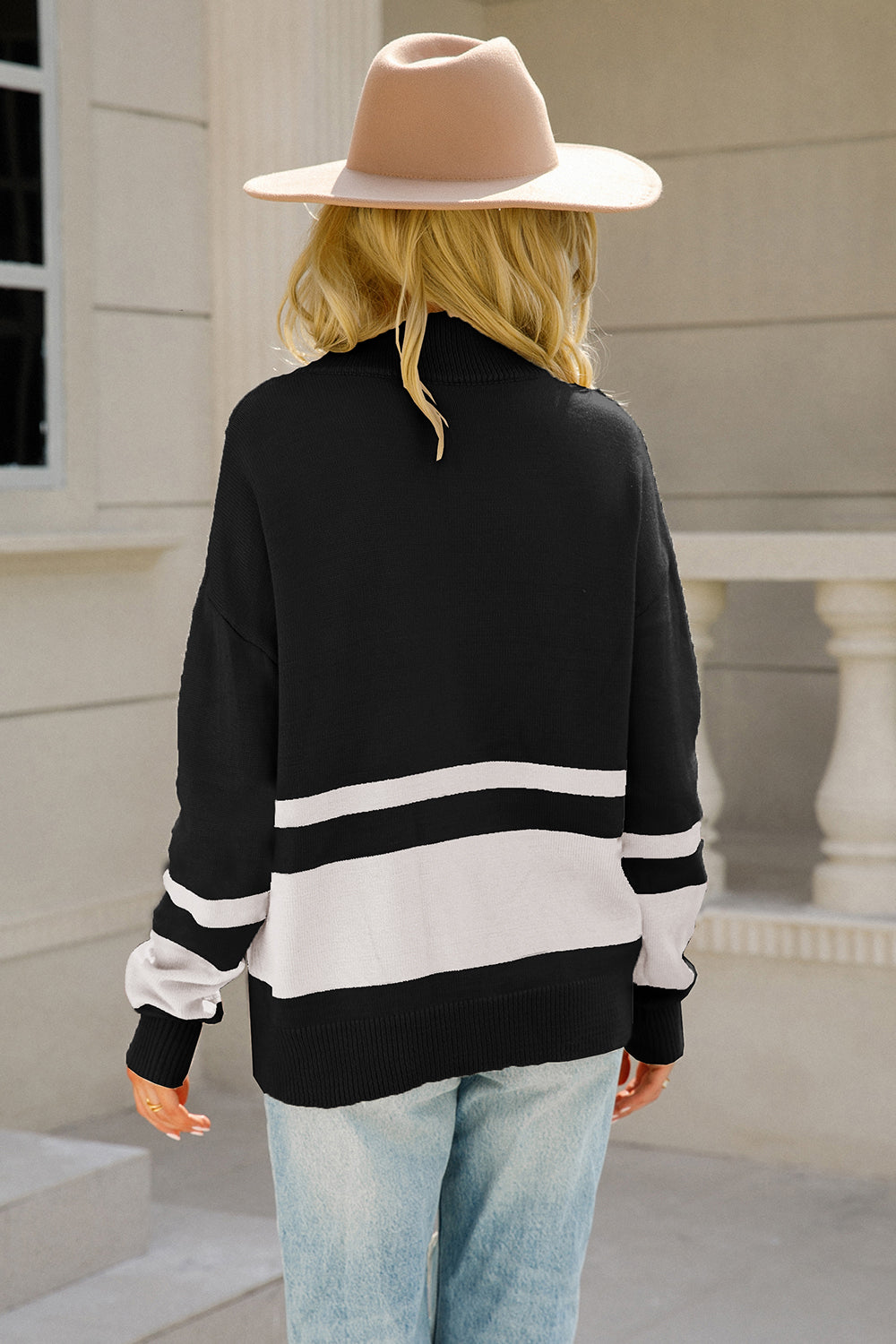 Two-Tone Long Sleeve Zip-Up Knit Top 