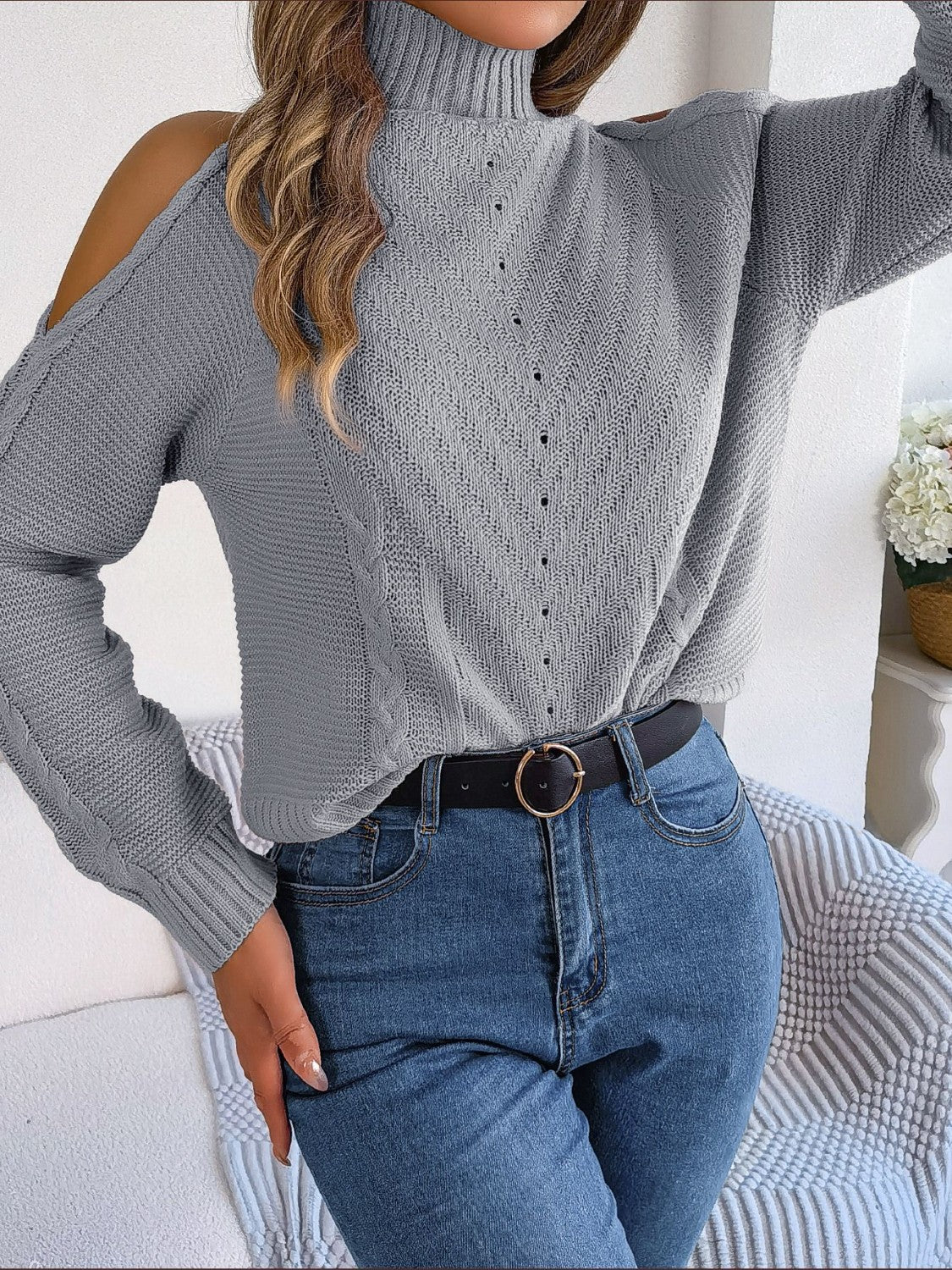 Cable-Knit Turtleneck Cold Shoulder Sweater 