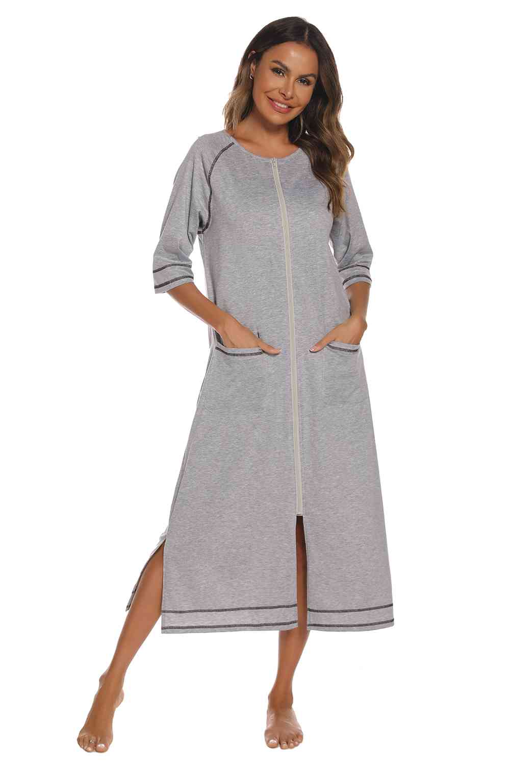 Zip Up Slit Round Neck Night Dress with Pockets 