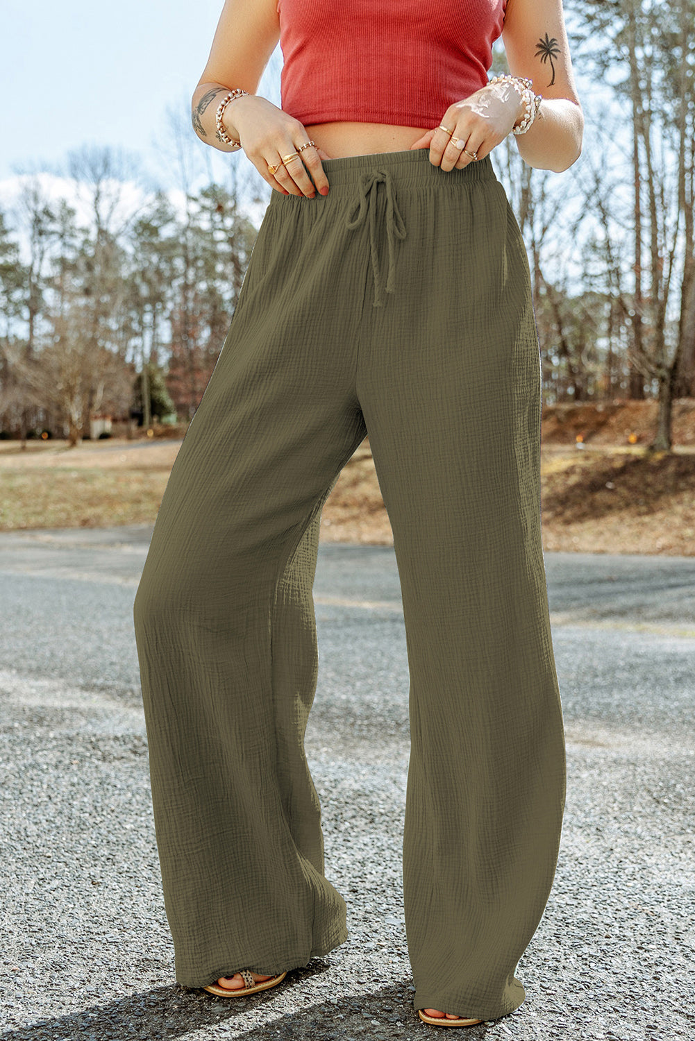 Texture Tied Wide Leg Pants 