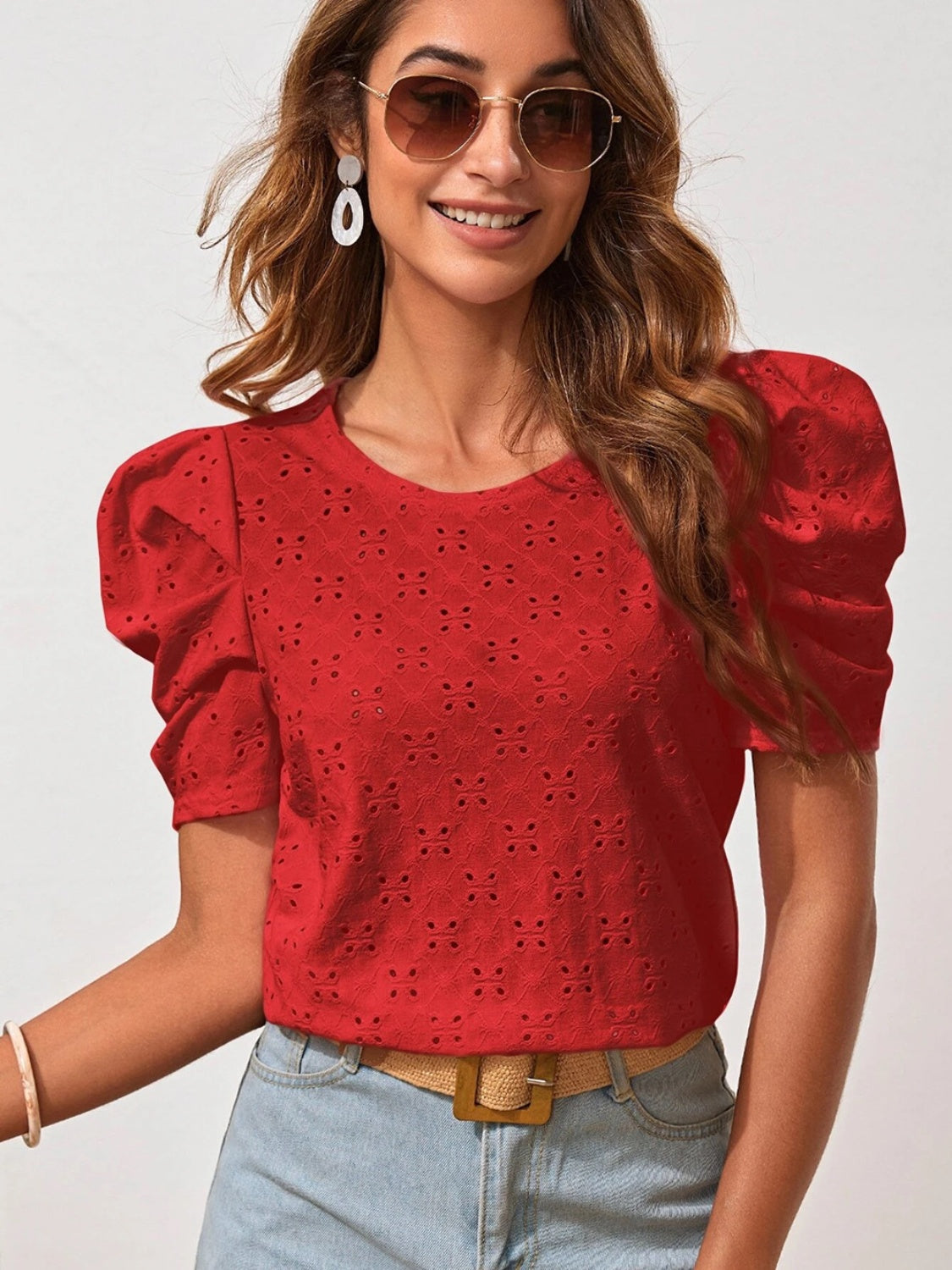 Eyelet Round Neck Puff Sleeve Blouse - Babbazon Camisole