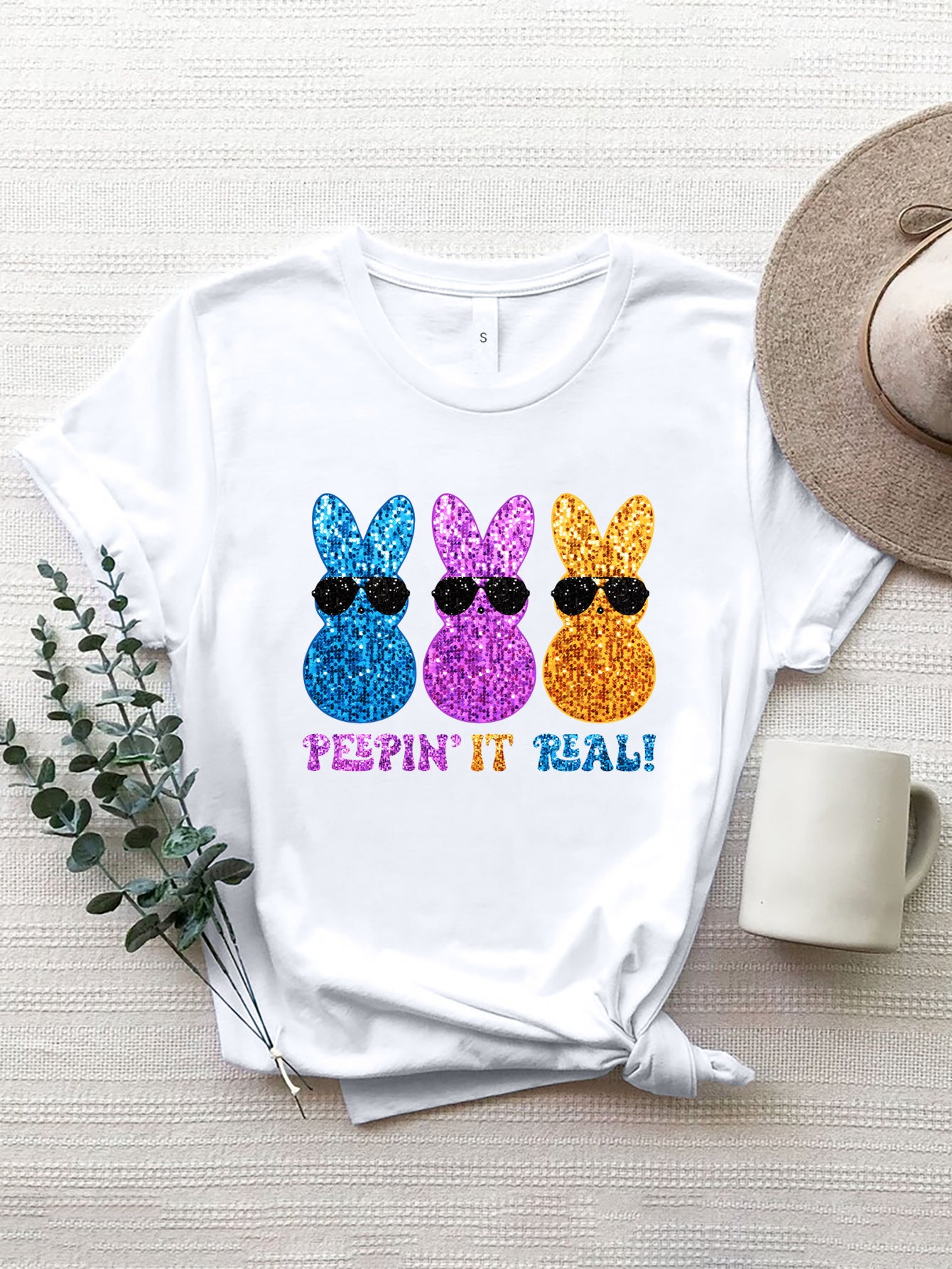 Sequin Rabbit Round Neck Short Sleeve T-Shirt 