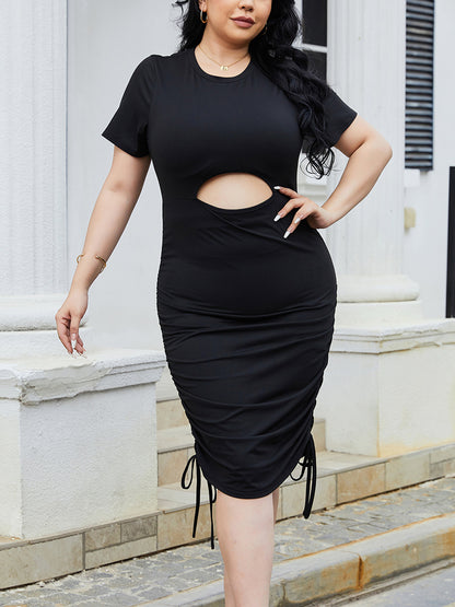 Plus Size Cutout Ruched Round Neck Short Sleeve Dress 