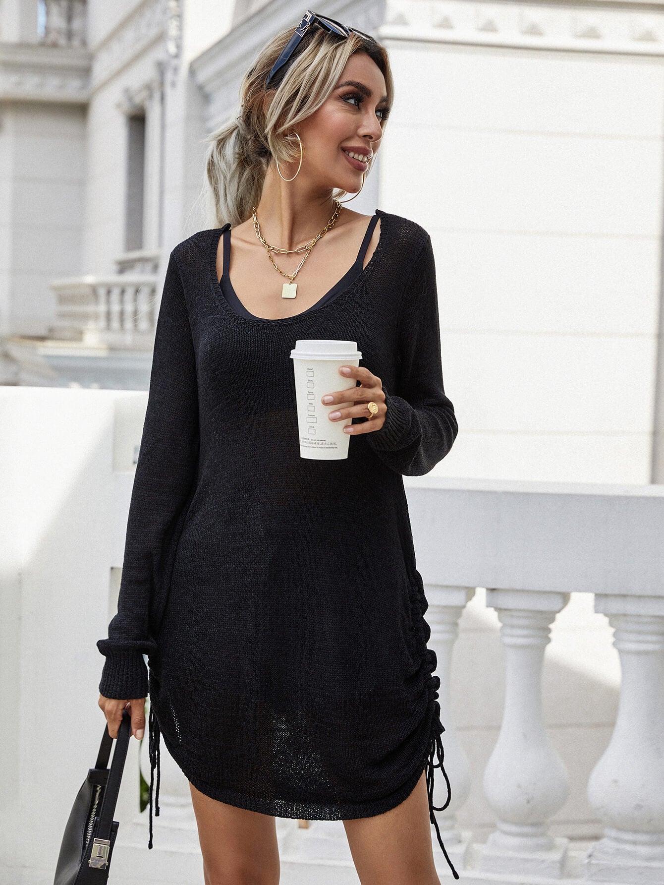 Drawstring Detail Open Back Scoop Neck Knit Top 