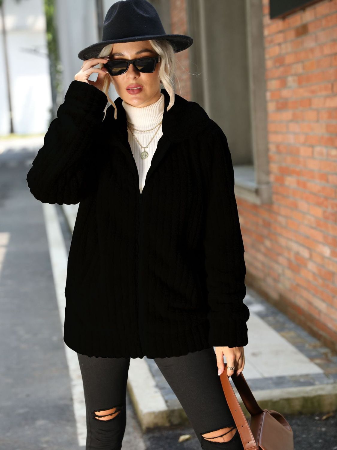 Zip-Up Collared Ribbed Jacket 