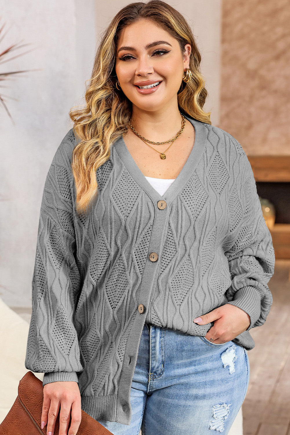 Plus Size Cable-Knit Button Up Sweater 