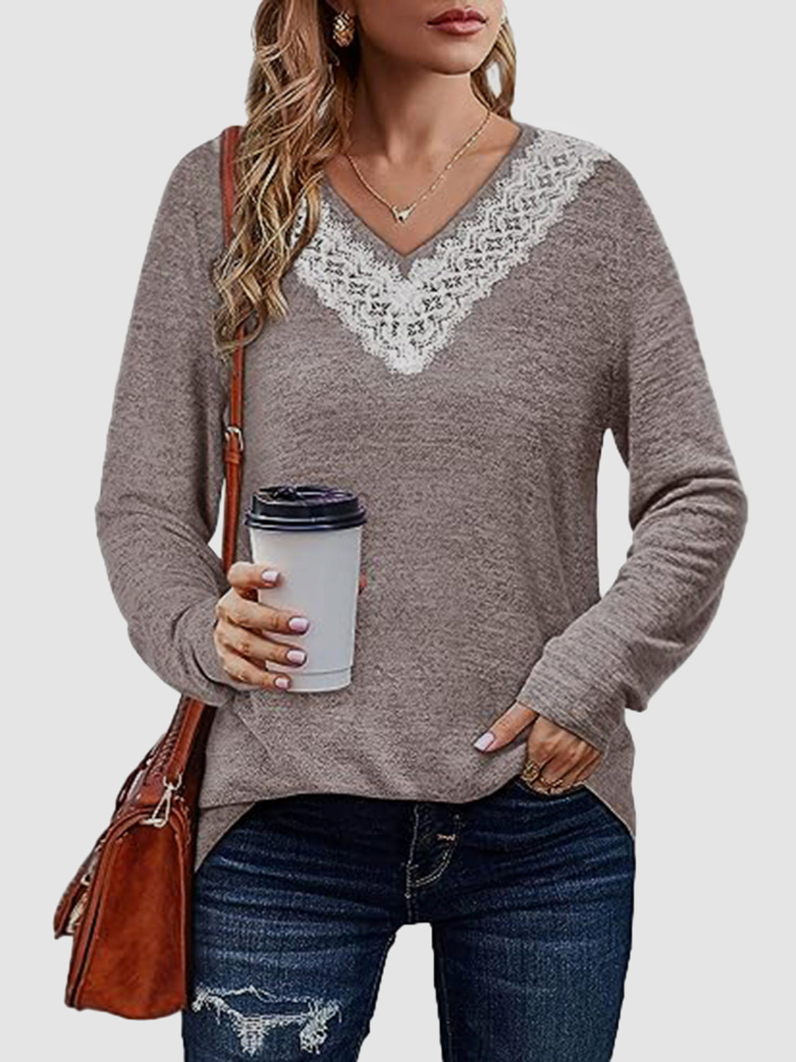 Lace Detail V-Neck Long Sleeve Top 