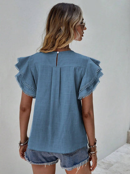 Ruffled Cap Sleeve Round Neck Blouse