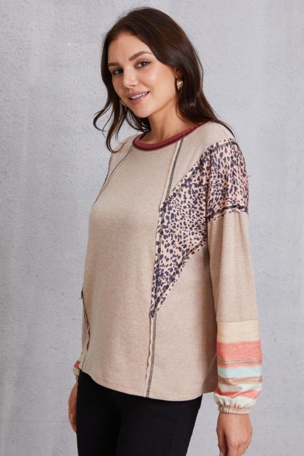 Contrast Stitching Leopard Long Sleeve Blouse 