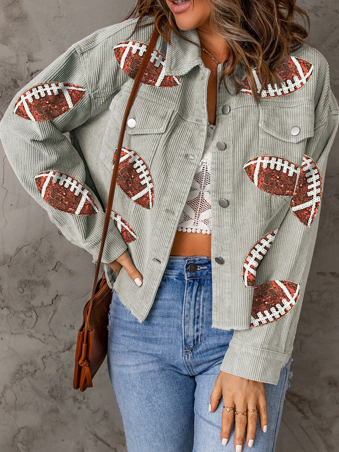 Football Sequin Button Up Dropped Shoulder Jacket 