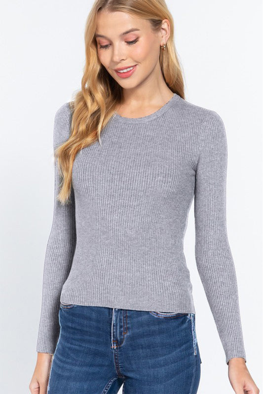 ACTIVE BASIC Full Size Ribbed Round Neck Long Sleeve Knit Top 