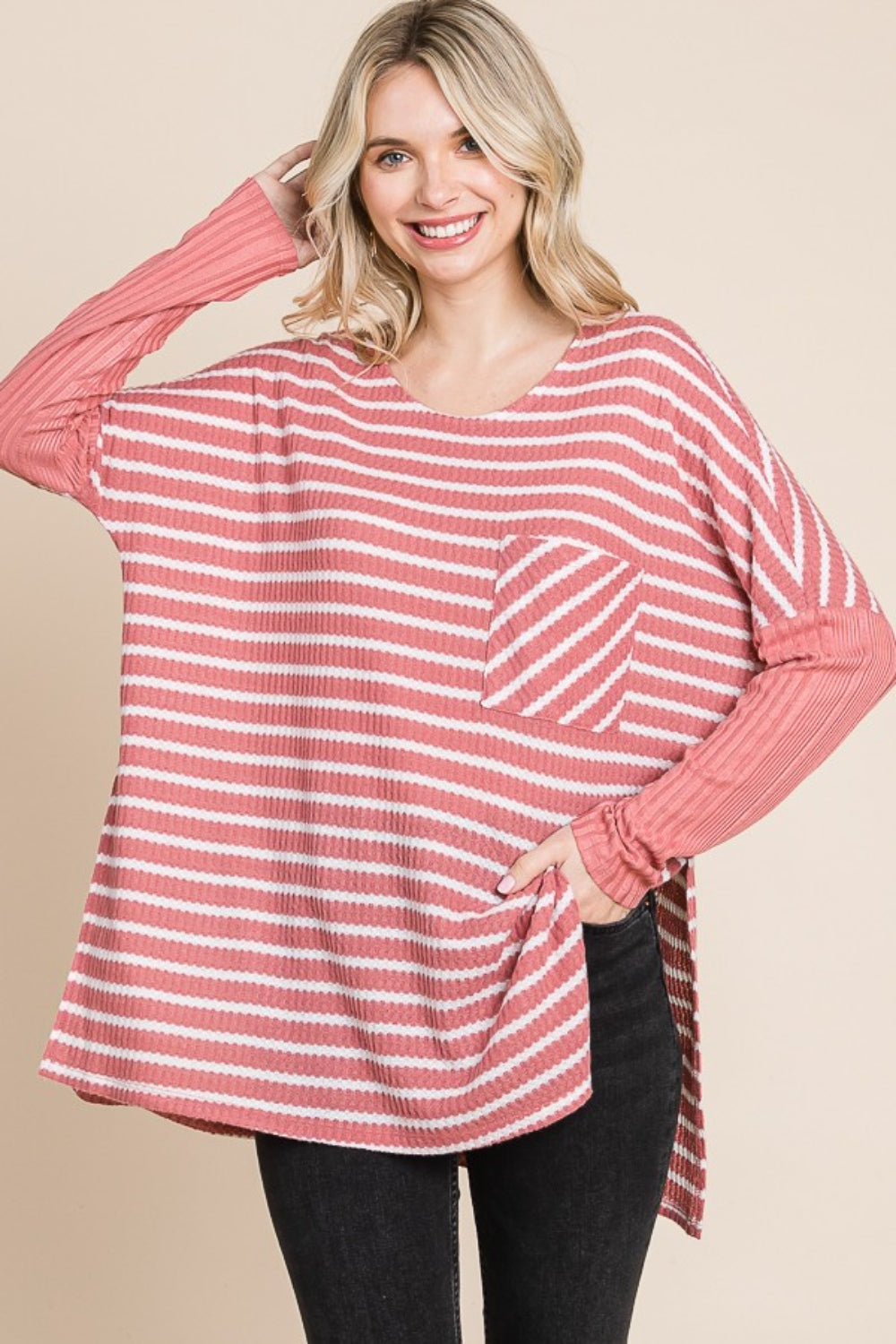 Culture Code Oversize Striped Round Neck Long Sleeve Slit T-Shirt 