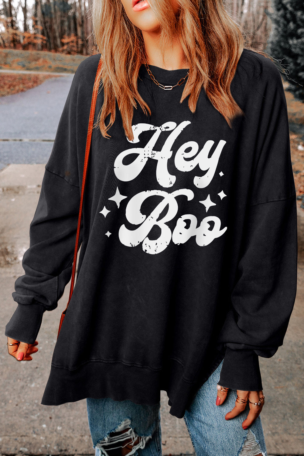 HEY BOO Graphic Round Neck Sweatshirt - Babbazon Tops