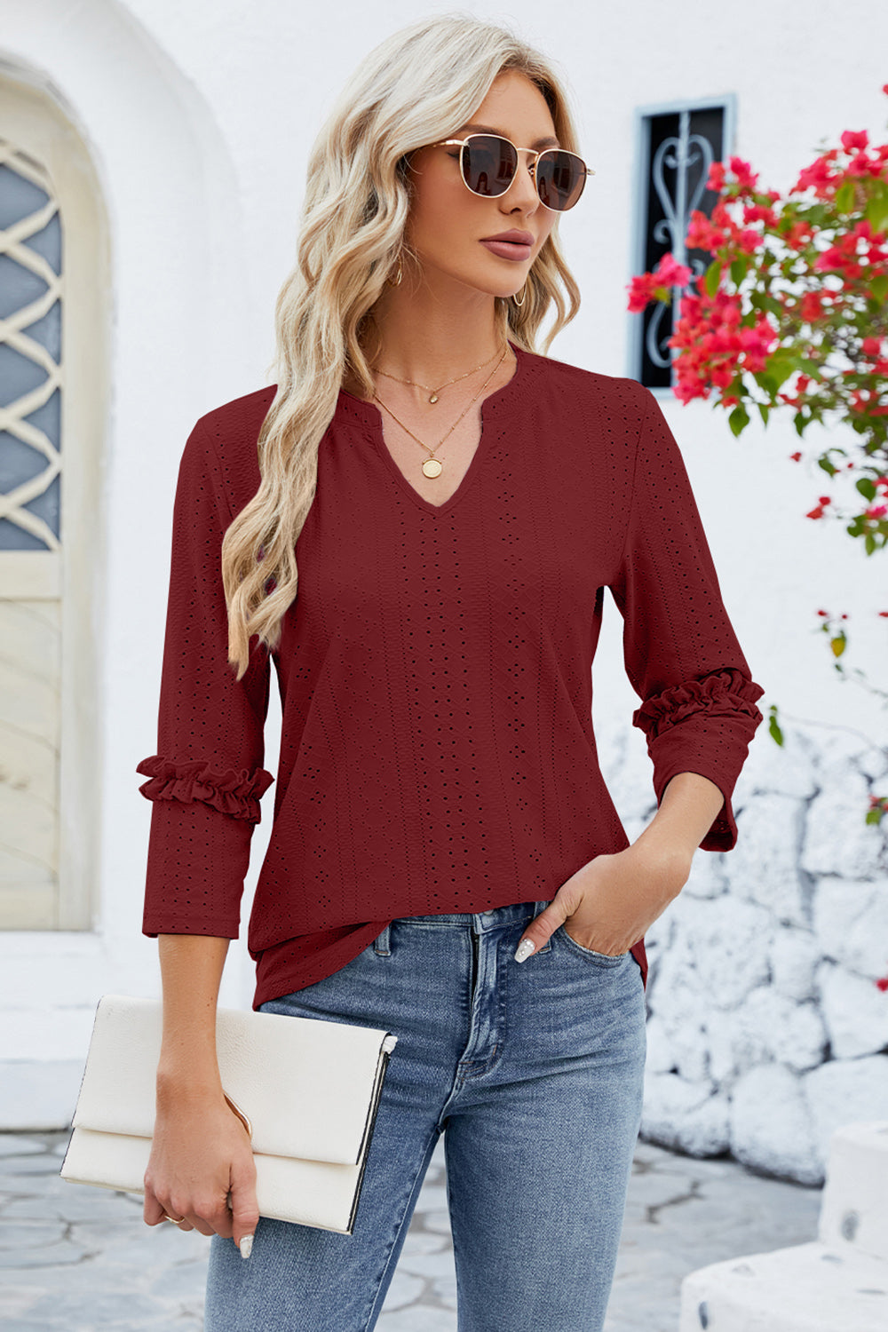 Eyelet Frill Notched T-Shirt