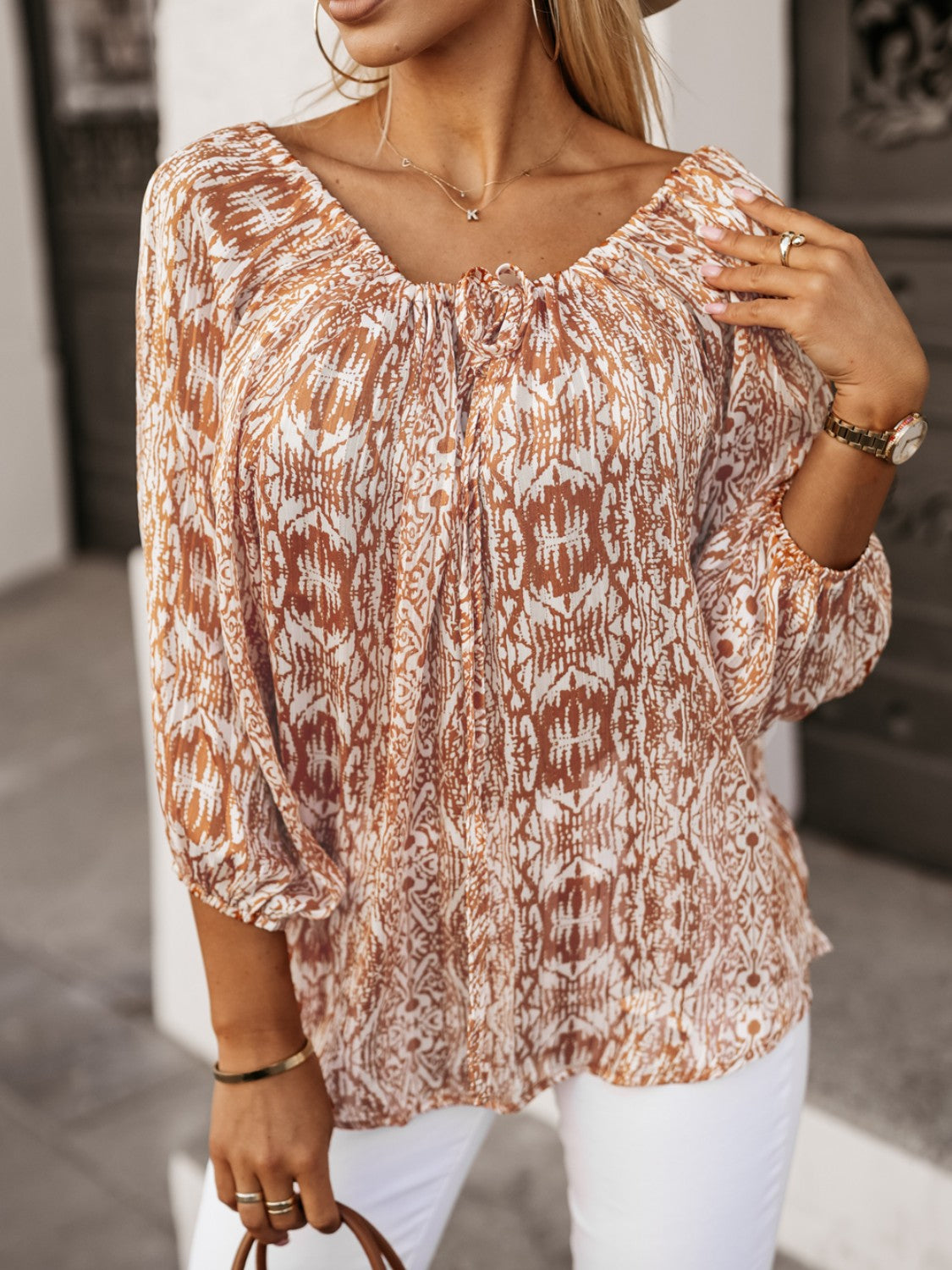 Printed Boat Neck Balloon Sleeve Blouse - Babbazon Camisole