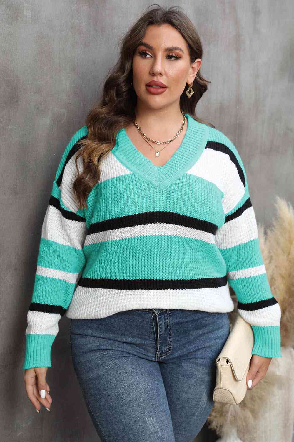 Plus Size Striped V-Neck Dropped Shoulder Sweater 