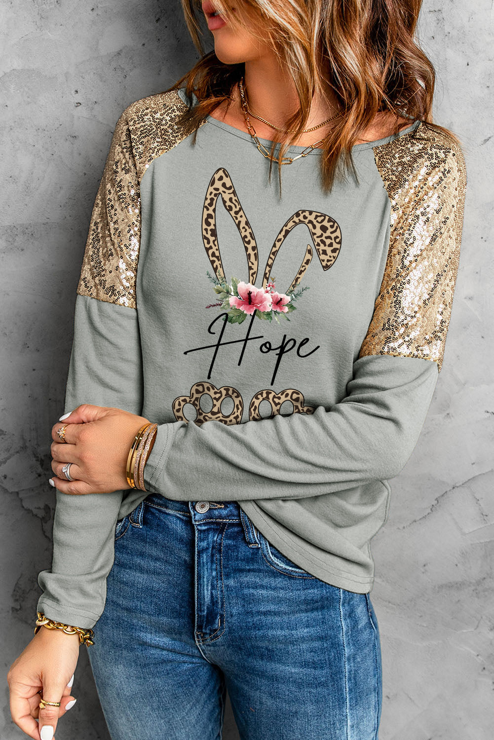 Leopard Sequin Round Neck Long Sleeve Top 