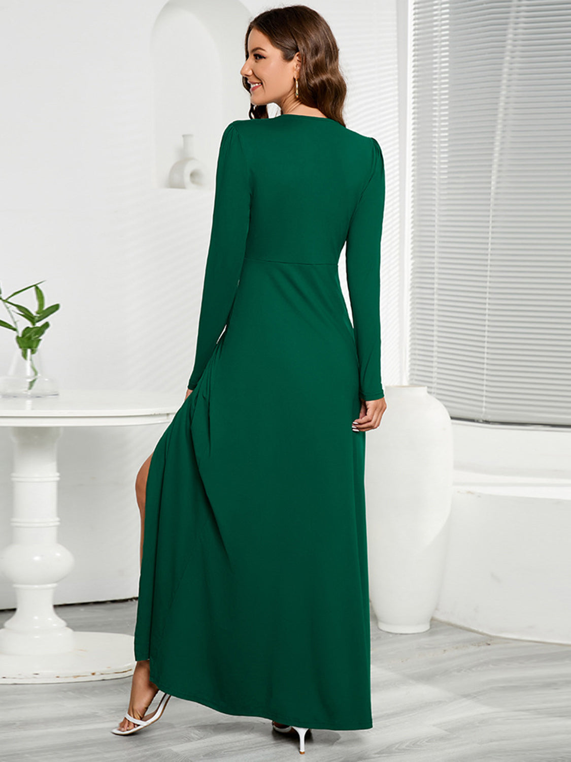 V-Neck Long Sleeve Split Dress 