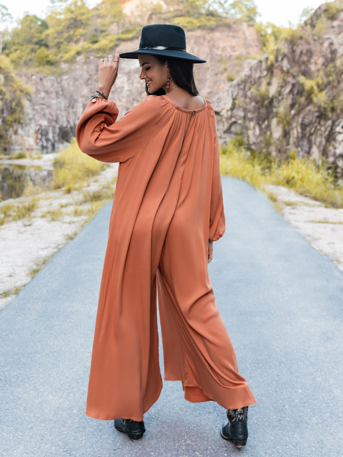 V-Neck Long Sleeve Wide Leg Jumpsuit 