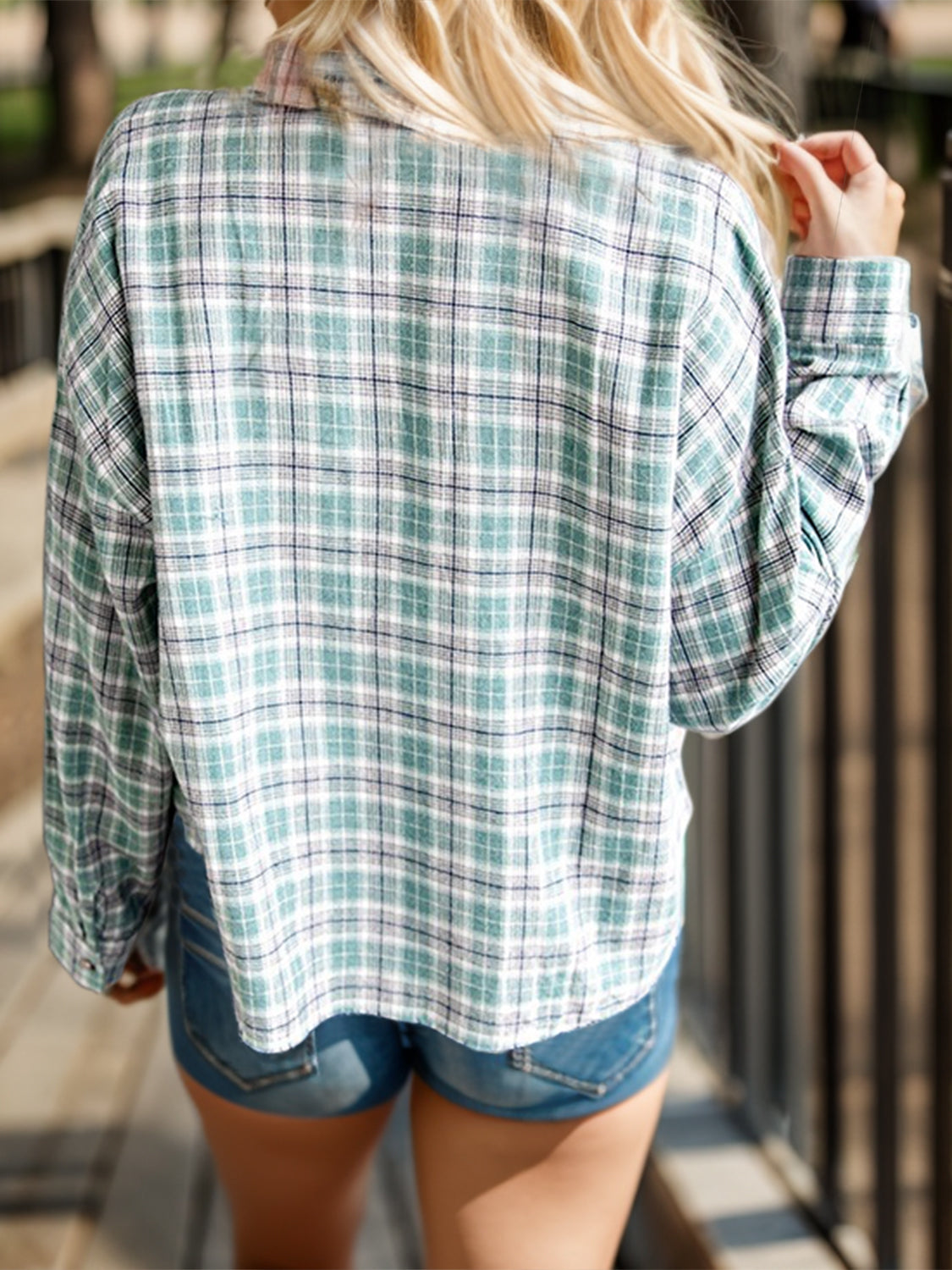 Full Size Plaid Contrast Pocketed Dropped Shoulder Shirt 