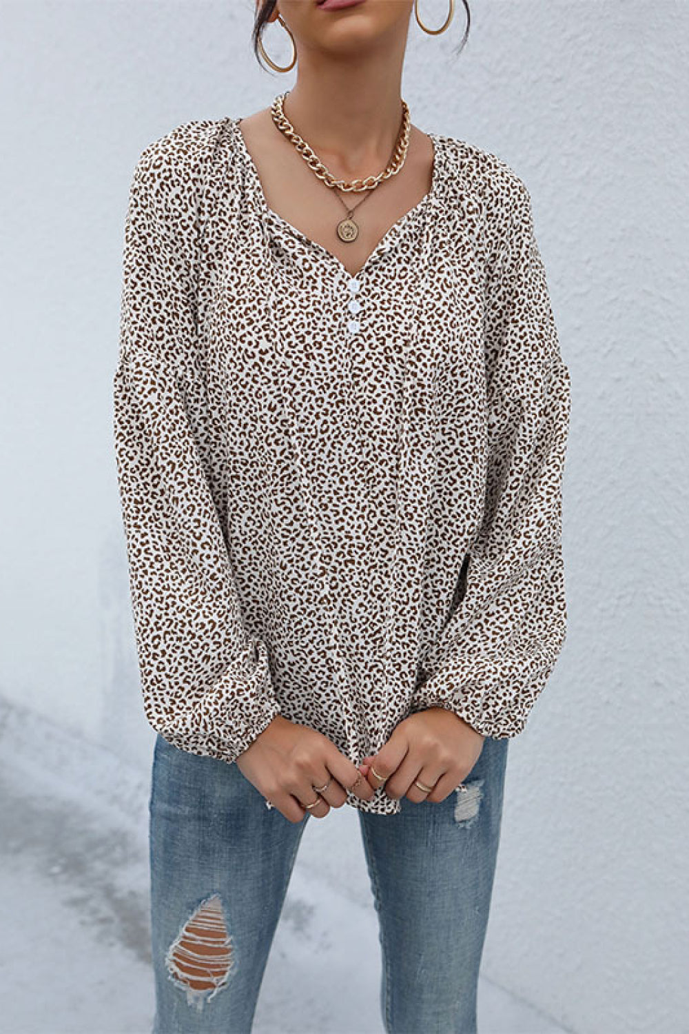 Leopard Print Tie Neck Blouse 