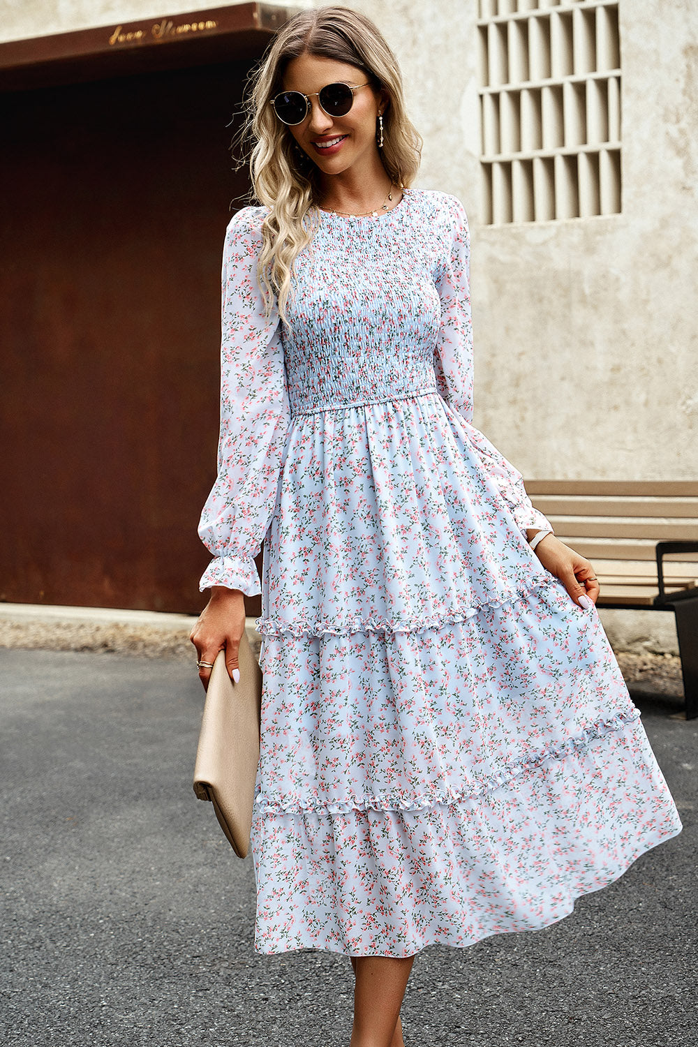 Smocked Flounce Sleeve Midi Dress 