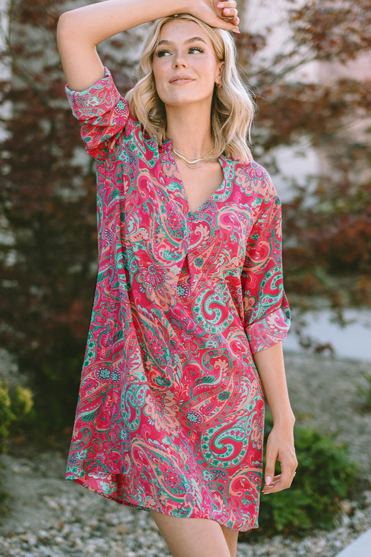 Printed V-Neck Long Sleeve Mini Dress - Babbazon