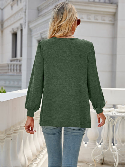 Heathered Round Neck Lantern Sleeve Blouse