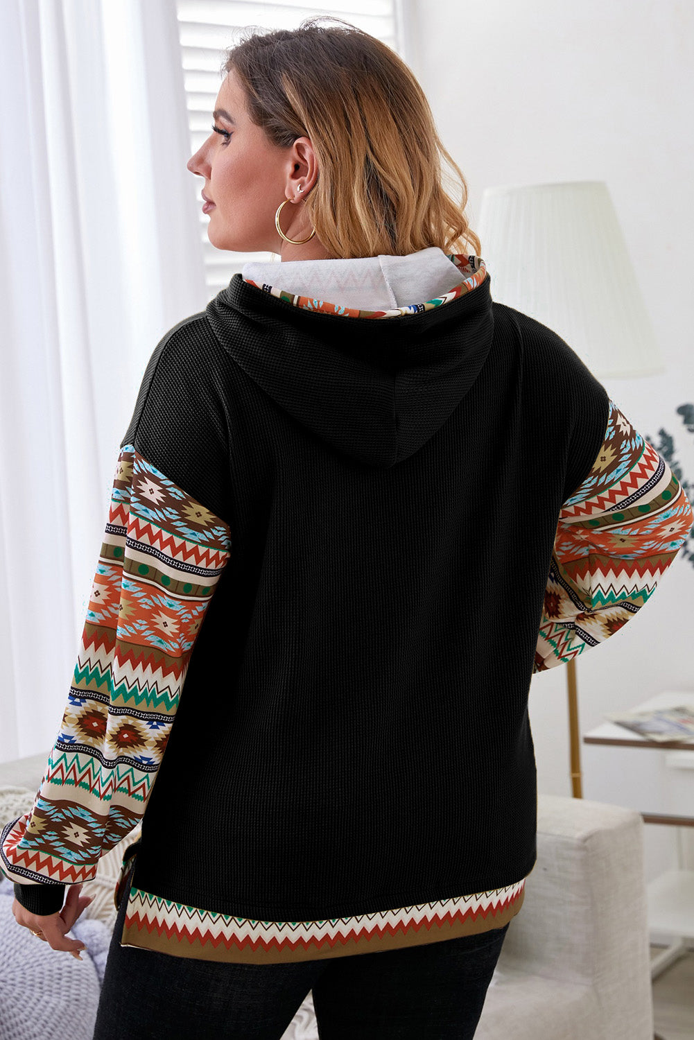 Plus Size Waffle-Knit Geometric Dropped Shoulder Hoodie 