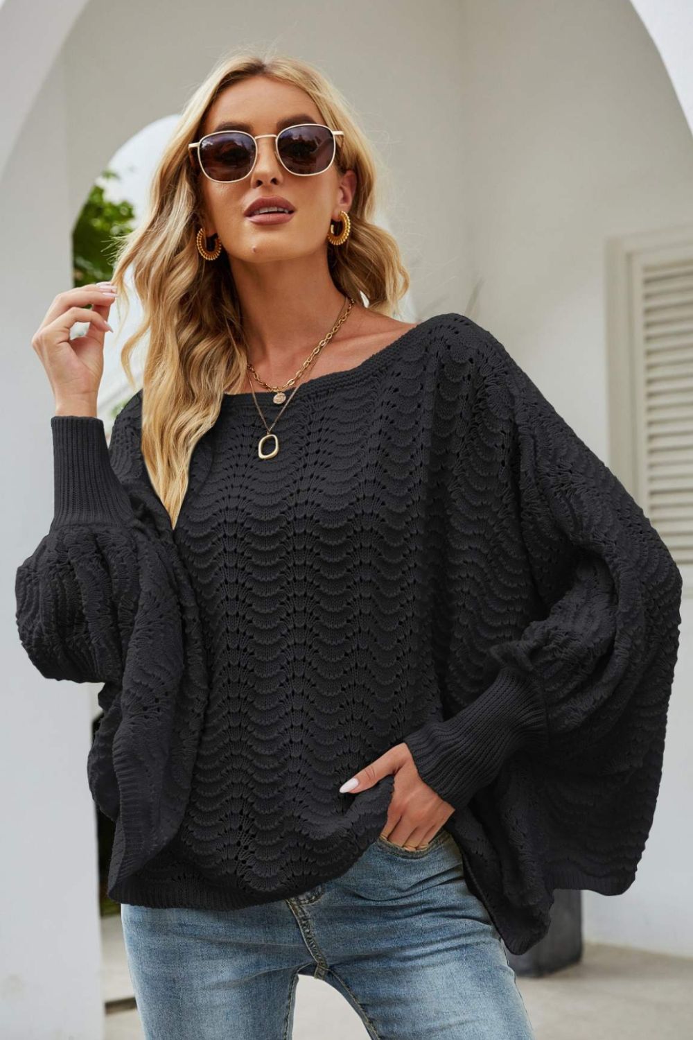 Openwork Boat Neck Dolman Sleeve Sweater 