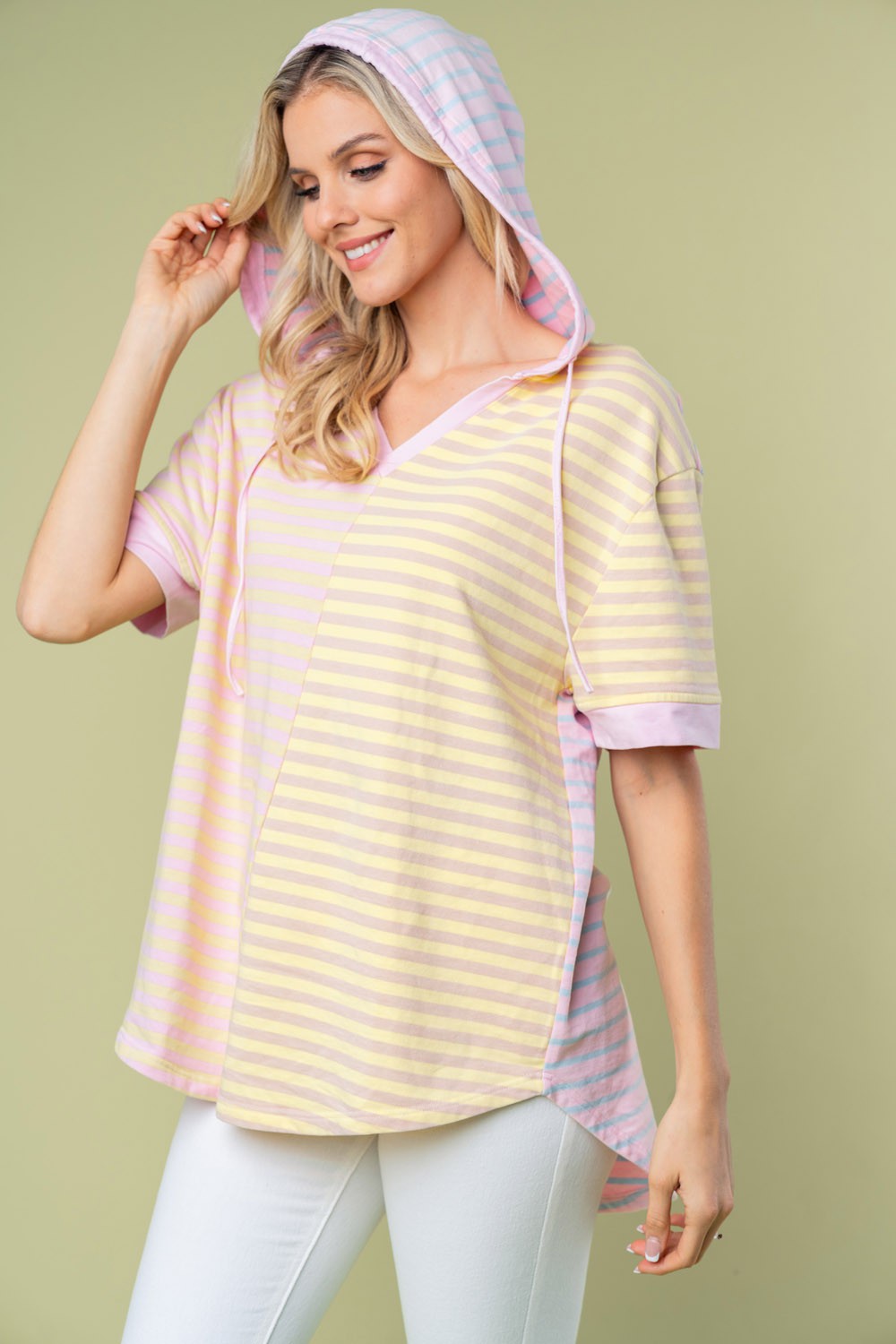 White Birch Full Size Striped Short Sleeve Drawstring Hooded Top - Babbazon Tops