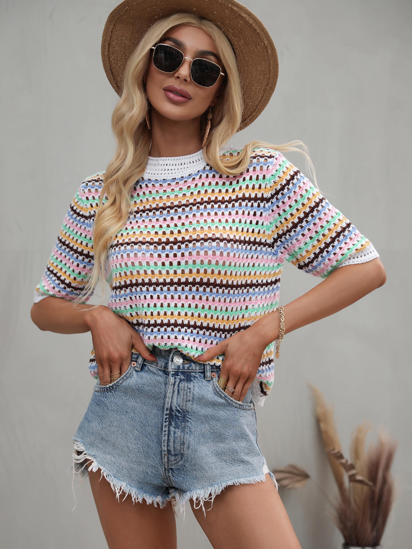 Striped Openwork Half Sleeve Knit Top - Babbazon Tops