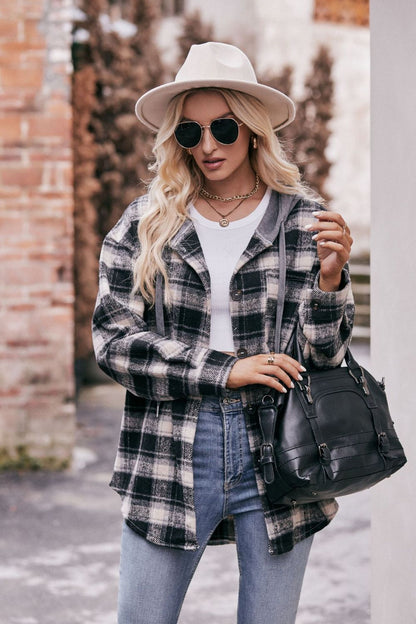 Plaid Dropped Shoulder Hooded Longline Jacket 