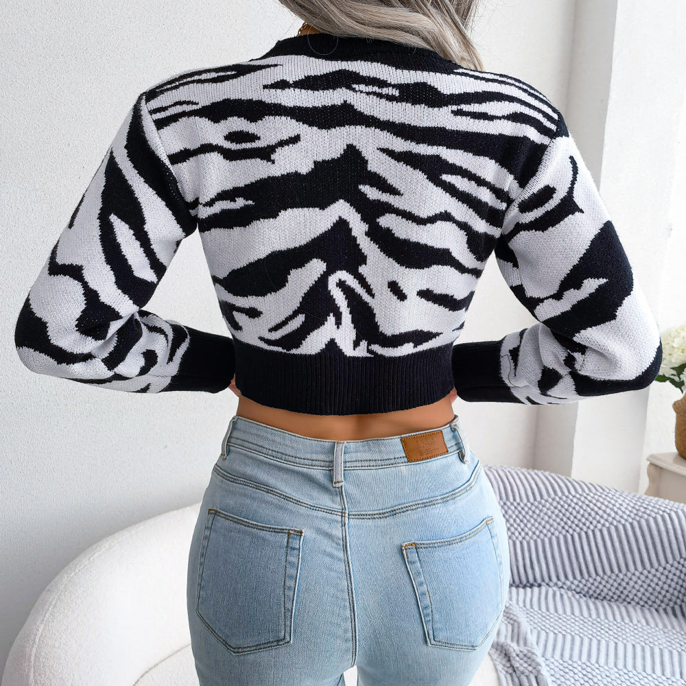 Tiger Print Mock Neck Cropped Sweater 