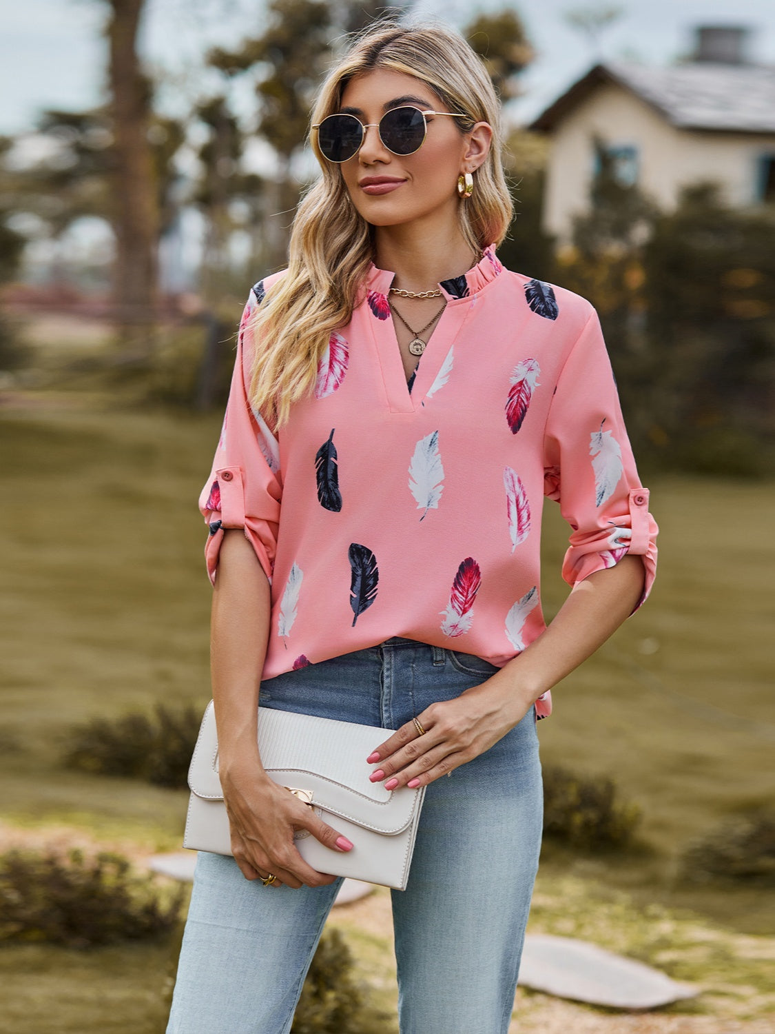 Printed Frill Notched Roll-Tab Sleeve Blouse 