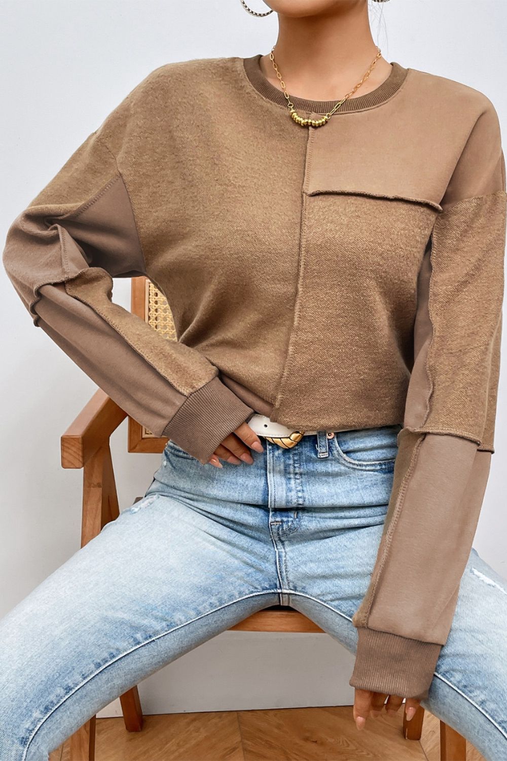 Exposed Seam Round Neck Long Sleeve Sweatshirt 