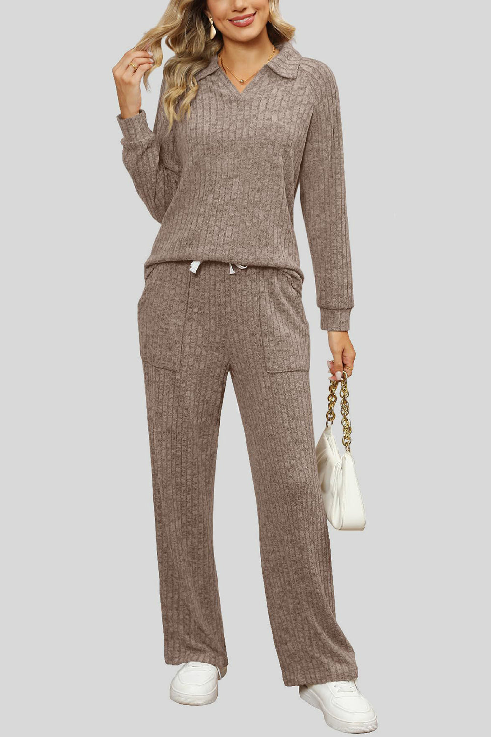 Ribbed Long Sleeve Top and Pocketed Pants Set 