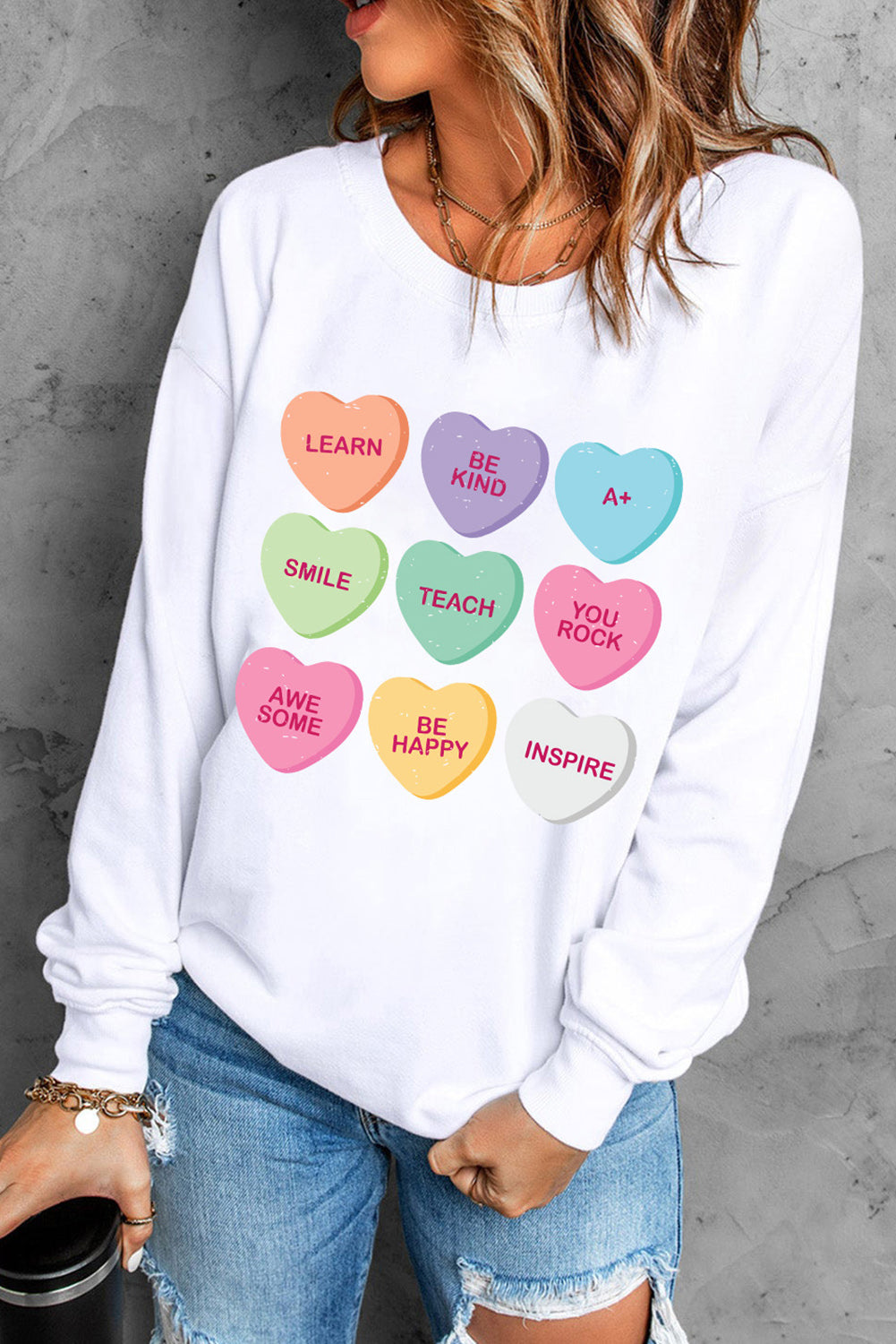 Heart Round Neck Dropped Shoulder Sweatshirt 