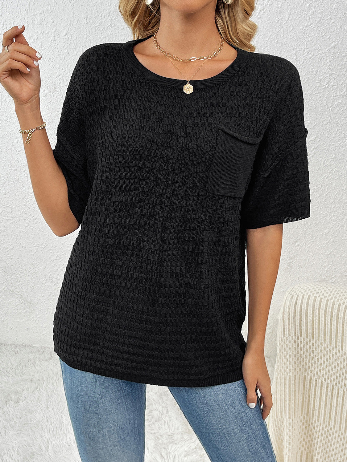 Round Neck Half Sleeve Knit Top 