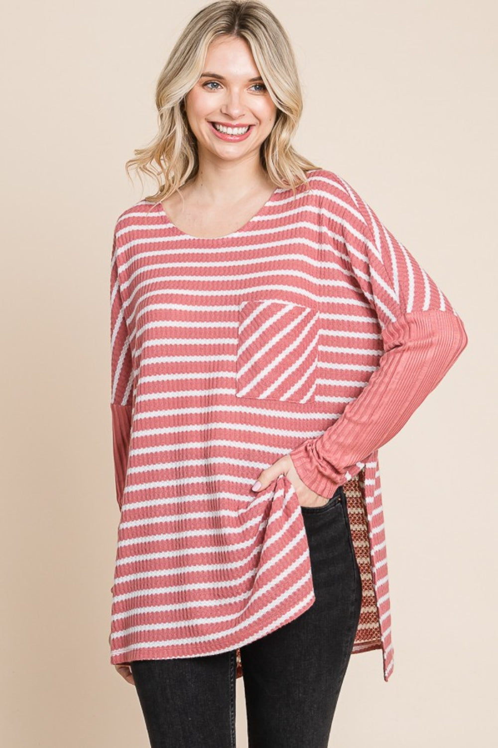 Culture Code Oversize Striped Round Neck Long Sleeve Slit T-Shirt 