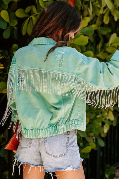 Fringed Chain Raw Hem Distressed Jacket 