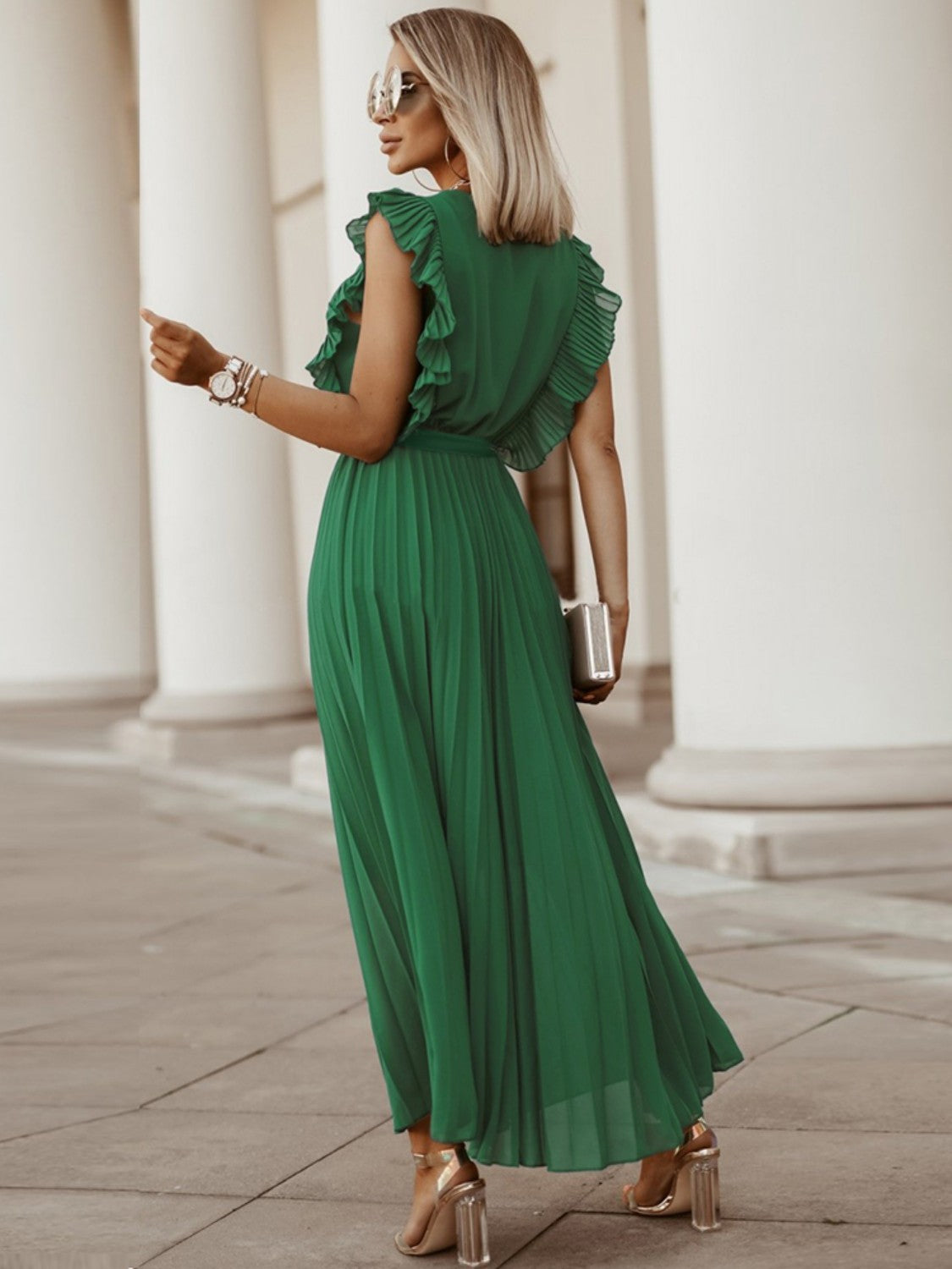 Tied Surplice Cap Sleeve Pleated Dress 